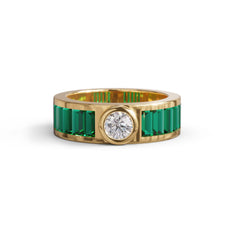 Emerald Baguette & CZ Gold Band – Modern Statement Cocktail Ring