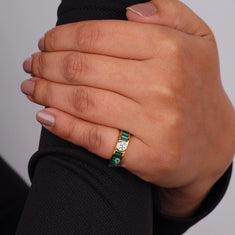 Emerald Baguette & CZ Gold Band – Modern Statement Cocktail Ring - alternate view