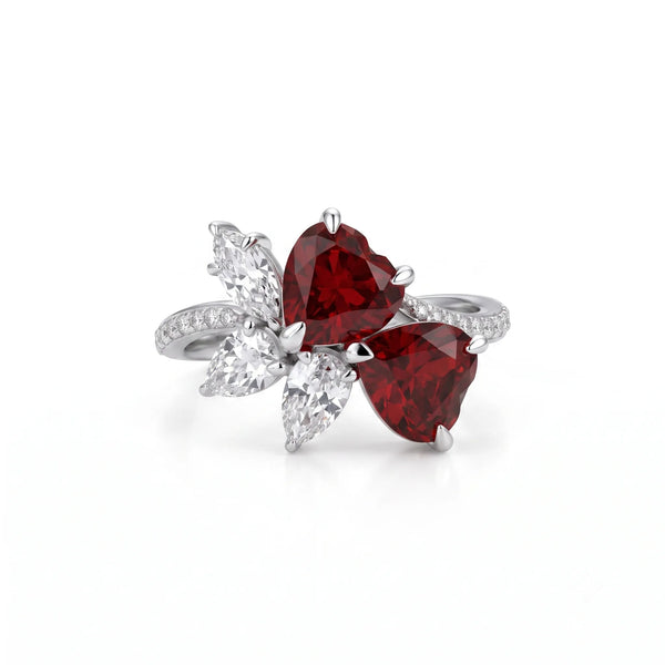 Heart Cut Cubic Zirconia Floral Cluster Ring with Pavé Band