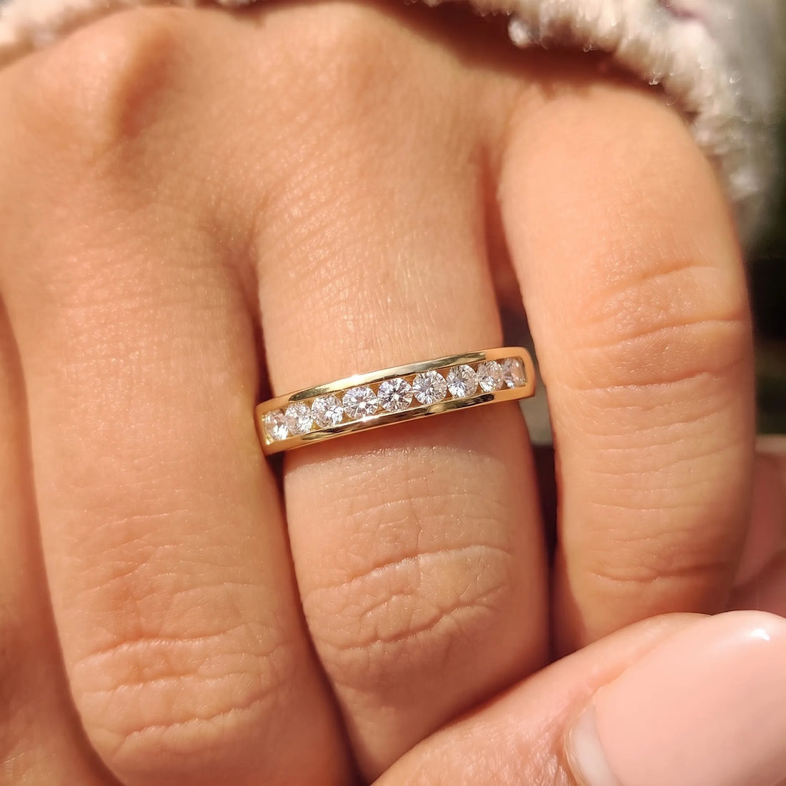 OctaPearl Channel Set Round Lab Grown Diamond Minimalist Half Eternity Wedding Band