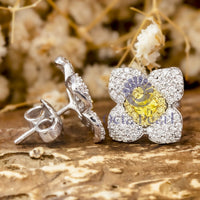 Yellow Cushion Cut CZ Stone Floral Inspire Stud Earring For Mother's Day Gift