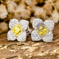 Yellow Cushion Cut CZ Stone Floral Inspire Stud Earring For Mother's Day Gift