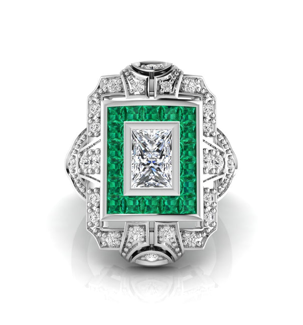 Emerald With Green Princess CZ Stone Art Deco Wedding Engagement Ring