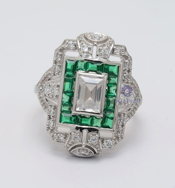 Emerald With Green Princess CZ Stone Art Deco Wedding Engagement Ring