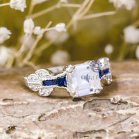 Asscher Cut Or Baguette Blue CZ Stone Milgrain Vintage Wedding Engagement Ring