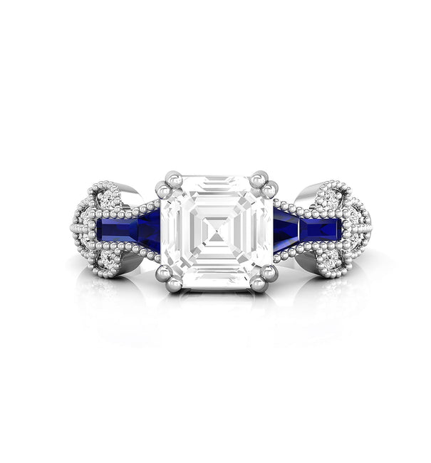 Asscher Cut Or Baguette Blue CZ Stone Milgrain Vintage Wedding Engagement Ring