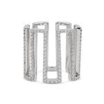 Pair of silver hoop earrings with clear gemstones on a white background
