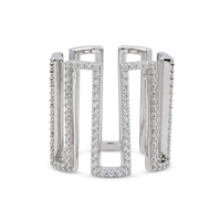 Pair of silver hoop earrings with clear gemstones on a white background