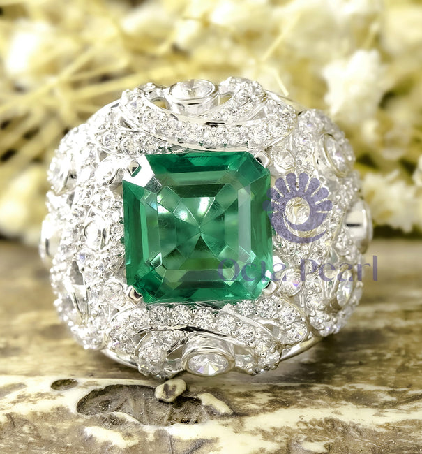 Green Asscher Cut CZ Stone Cocktail Party Wear Ring