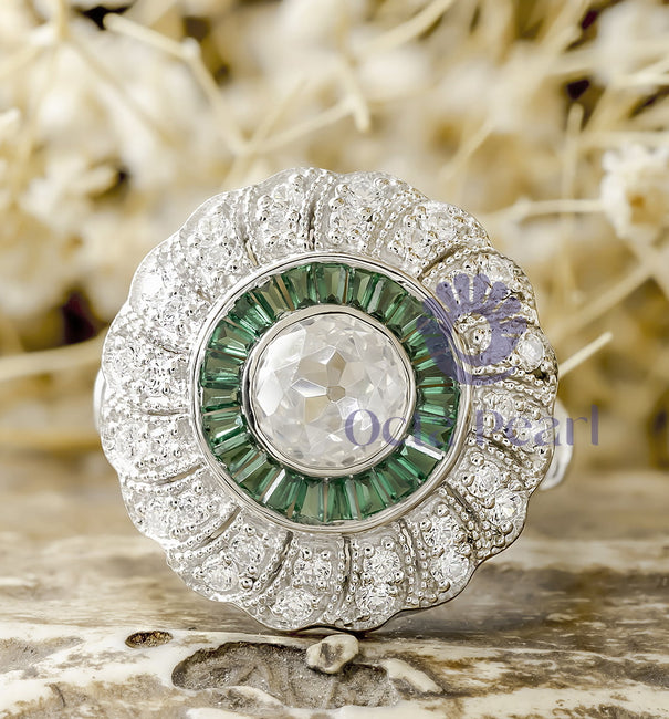 Old European Cut With Green Baguette CZ Stone Halo Miligrain Floral Art Deco Ring