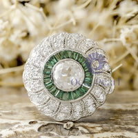 Old European Cut With Green Baguette CZ Stone Halo Miligrain Floral Art Deco Ring