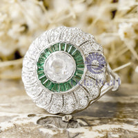 Old European Cut With Green Baguette CZ Stone Halo Miligrain Floral Art Deco Ring