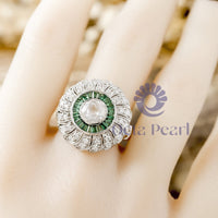 Old European Cut With Green Baguette CZ Stone Halo Miligrain Floral Art Deco Ring