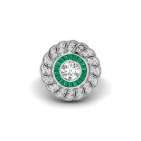 Diamond ring with emerald center stone on a white background, Old European Cut With Green Baguette CZ Stone Halo Miligrain Floral Art Deco Ring