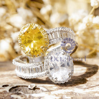 Yellow & White Oval With Baguette CZ Stone Bypass Shank Halo Engagement Ring