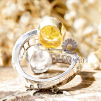 Yellow & White Oval With Baguette CZ Stone Bypass Shank Halo Engagement Ring