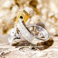 Yellow & White Oval With Baguette CZ Stone Bypass Shank Halo Engagement Ring