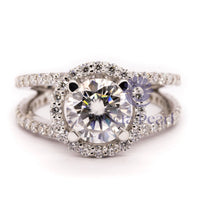 Halo Round Cut Moissanite Split Shank Engagement Ring