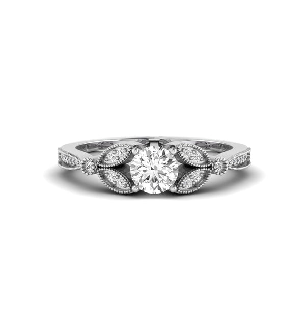 Round Cut Moissanite Milgrain Leaf Inspire Wedding Ring