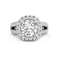 Round Moissanite Split-Shank Ring in Halo Set