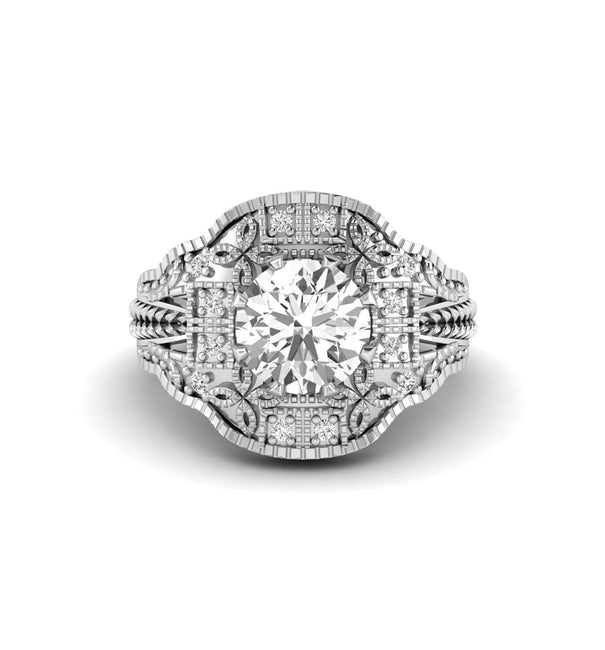 Round Cut Moissanite Filigree Work Art Deco Ring