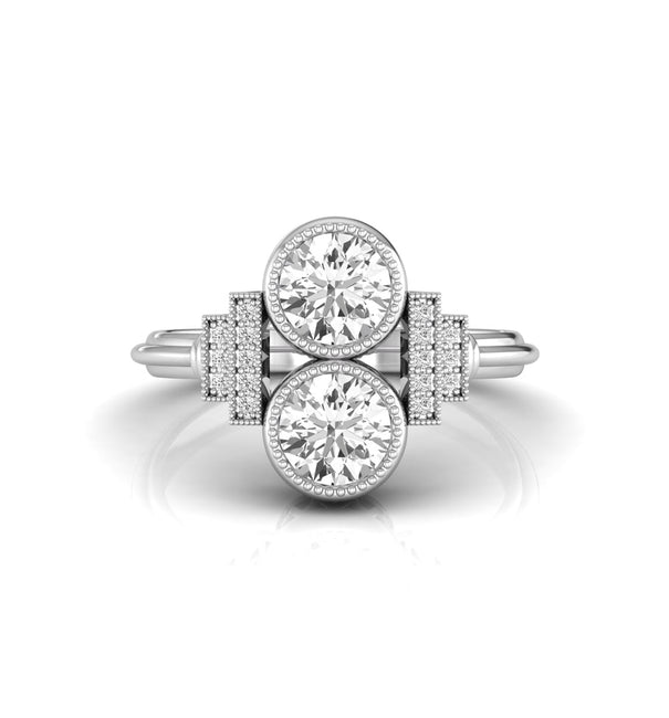 Art Deco-Inspired Two Stone Wedding Ring with Milgrain Bezel Set Round Moissanite