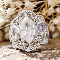 Milgrain Bezel Set Marquise & Round Cut CZ Stone Filigree Work Art Deco Ring