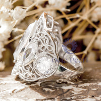 Milgrain Bezel Set Marquise & Round Cut CZ Stone Filigree Work Art Deco Ring