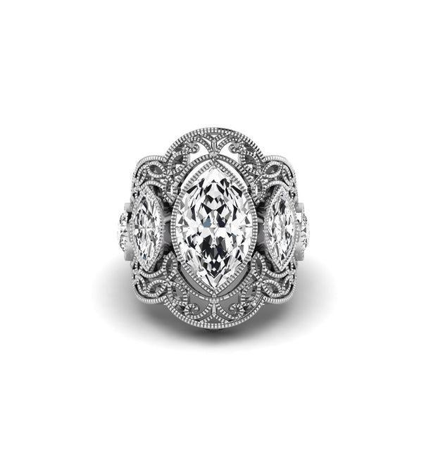 Milgrain Bezel Set Marquise & Round Cut CZ Stone Filigree Work Art Deco Ring