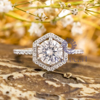 Round Cut Moissanite Hexagon Shape Halo Engagement Ring For ladies