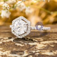 Round Cut Moissanite Hexagon Shape Halo Engagement Ring For ladies