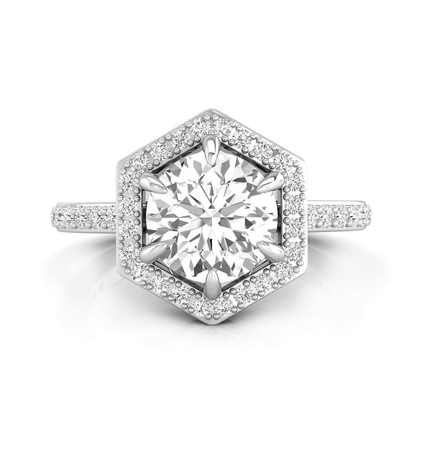 Round Cut Moissanite Hexagon Shape Halo Engagement Ring For ladies