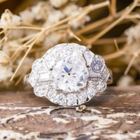 Round & Baguette Cut CZ Stone Vintage Art Deco Wedding Ring