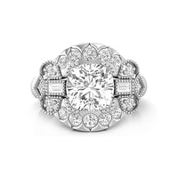 Diamond ring with a central large diamond and smaller diamonds around on a white background, Round Cut Moissanite Vintage Art Deco Wedding Ring