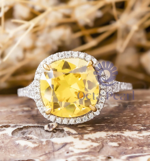 Yellow Cushion Cut Split Shank Halo Engagement Ring