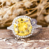 Yellow Cushion Cut Split Shank Halo Engagement Ring