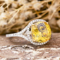 Yellow Cushion Cut Split Shank Halo Engagement Ring