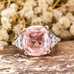 Pink Cushion & White Triangle Cut CZ Three Stone Engagement Promise Ring