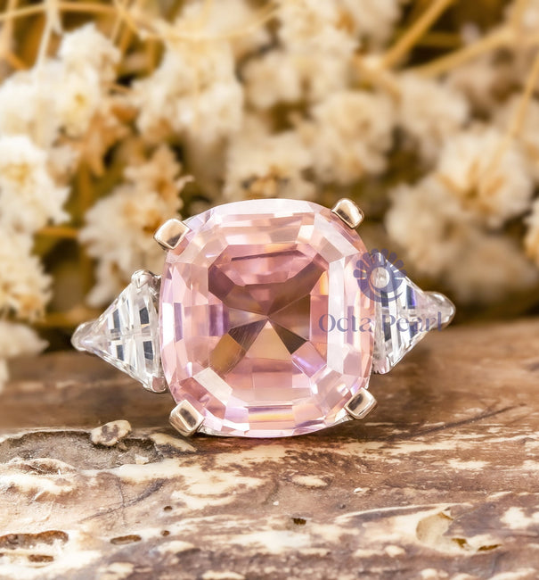 Pink Cushion & White Triangle Cut CZ Three Stone Engagement Promise Ring