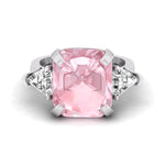 Ring with a pink gemstone and diamond-like stones on a white background, Pink Cushion & White Triangle Cut CZ Three Stone Engagement Promise Ring
