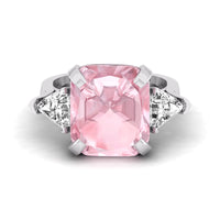 Ring with a pink gemstone and diamond-like stones on a white background, Pink Cushion & White Triangle Cut CZ Three Stone Engagement Promise Ring