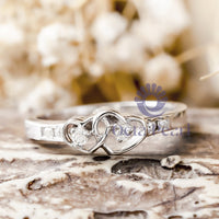 Round Moissanite Double Heart Connected Ring For Wedding Engagement & Mother's day