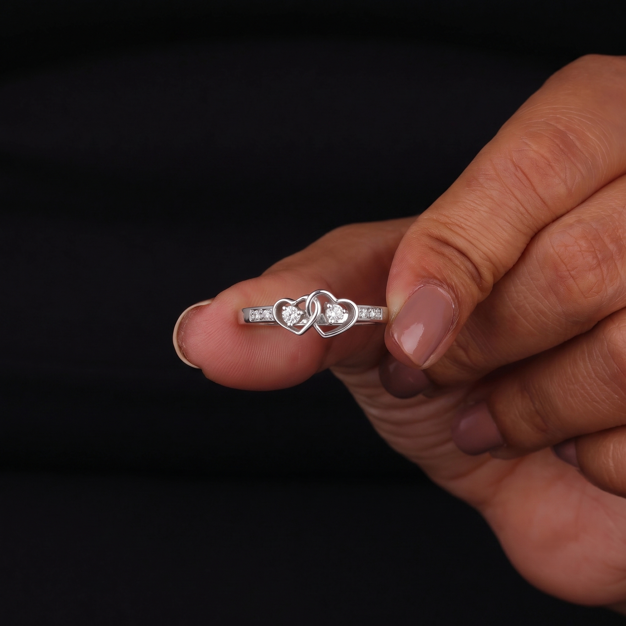 Round Moissanite Double Heart Connected Ring For Wedding Engagement - alternate view