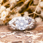 Round Cut Moissanite Solitaire Milgrain Art Deco Engagement Ring