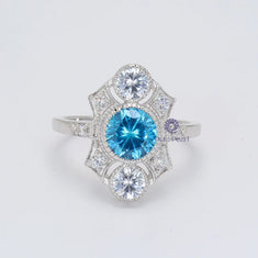 Aquamarine Round CZ Three stone Art Deco Wedding Ring - alternate view
