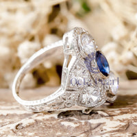 Blue Sapphire Oval With Round Cut CZ Seven Stone Milgrain Art Deco Vintage Ring