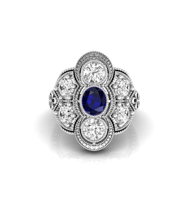 Blue Sapphire Oval With Round Cut CZ Seven Stone Milgrain Art Deco Vintage Ring