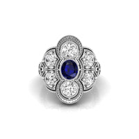 Blue Sapphire Oval With Round Cut CZ Seven Stone Milgrain Art Deco Vintage Ring