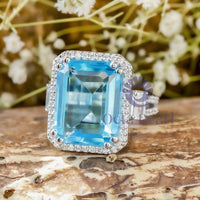 Aqua With White Emerald CZ Three Stone Halo Split Shank Engagement Ring