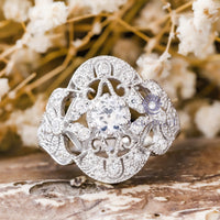 Antique Edwardian Bow Motif Round Moissanite Filigree Art Deco Engagement Ring